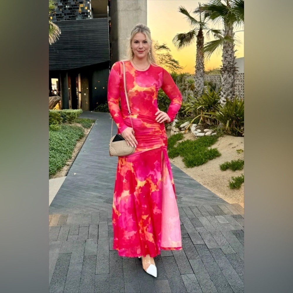 YLLW The Label Olivia Mesh Red Pink Yellow Maxi‎ Slit Bodycon Small